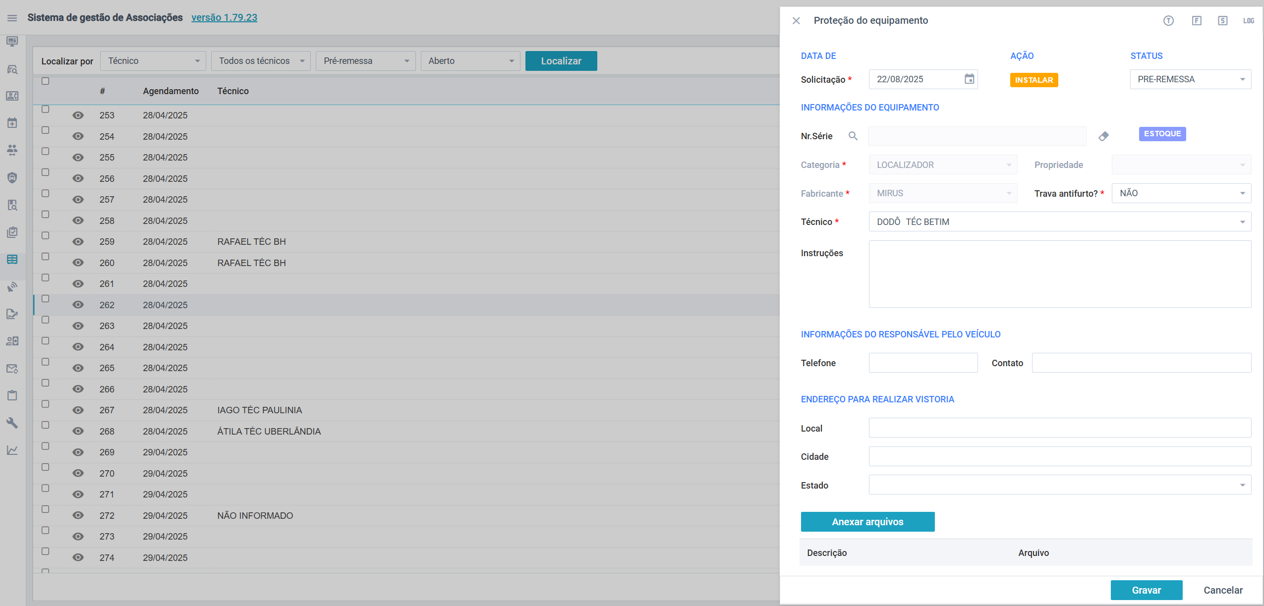 Tela do Sistema - Gestão de Instalação de equipamentos de segurança